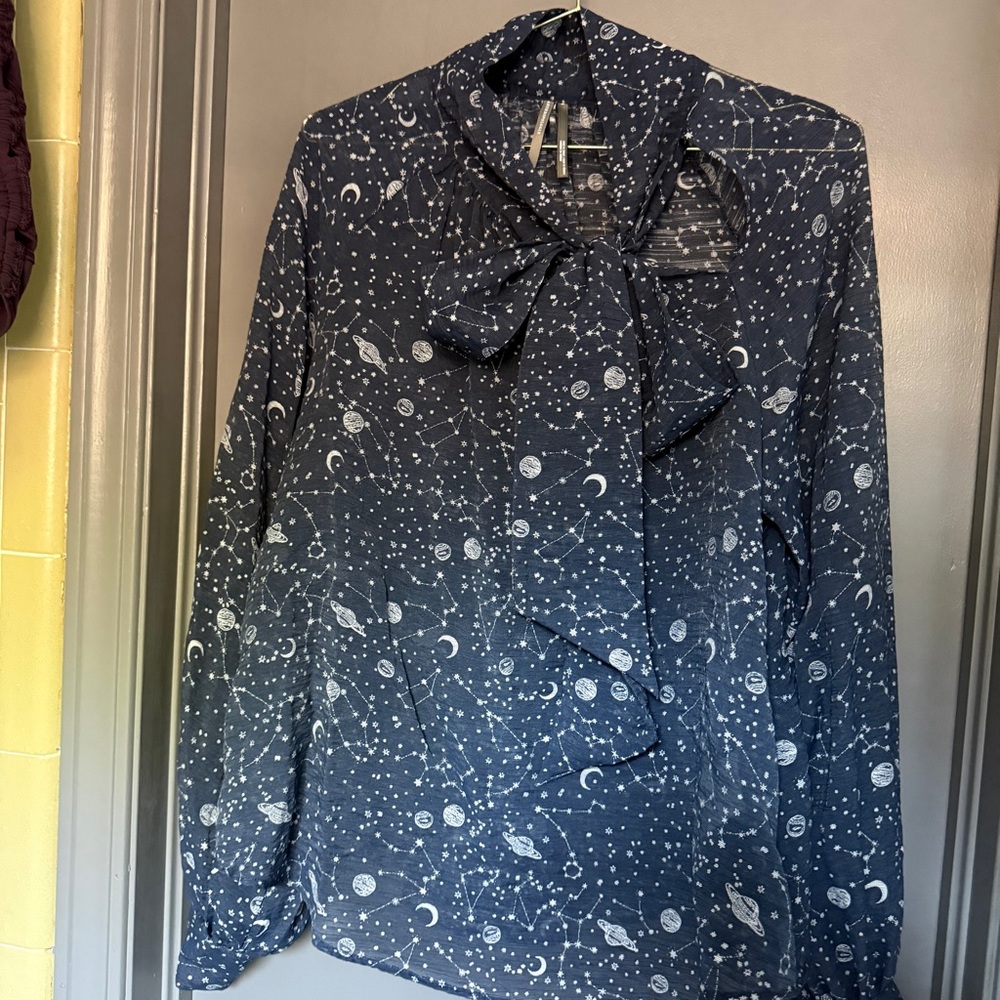 Navy Celestial Print Bow Tie Blouse Anthropologie